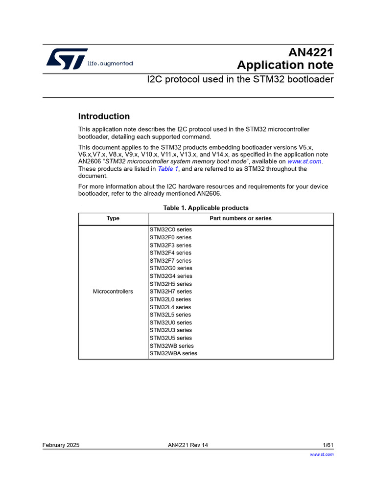 An4221 I2c Protocol Used in The stm32 Bootloader Stmicroelectronics ...