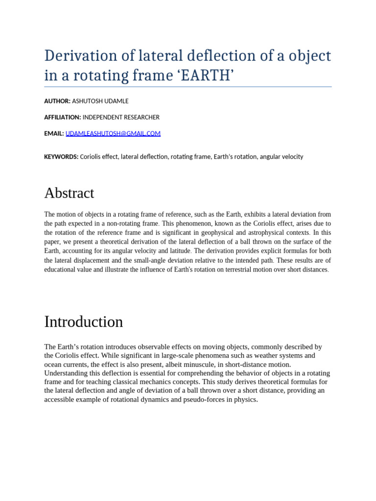 Derivation of Lateral Deflection of a Object in a Rotating Frame | PDF ...
