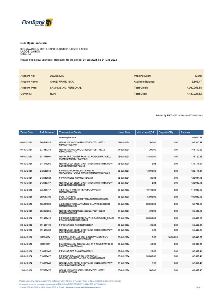First Bank Template | PDF | Debits And Credits | Payments