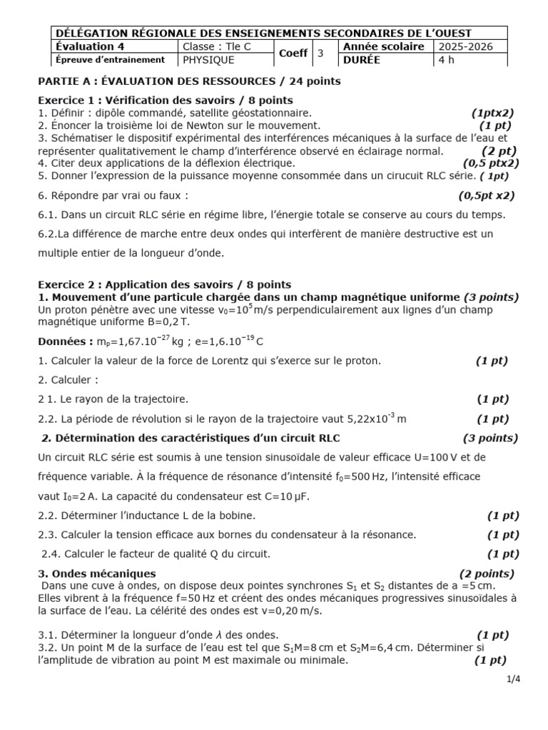 Physique Eval 4 Tle C Janv 2026 DRES Ouest | PDF | Champ magnétique ...