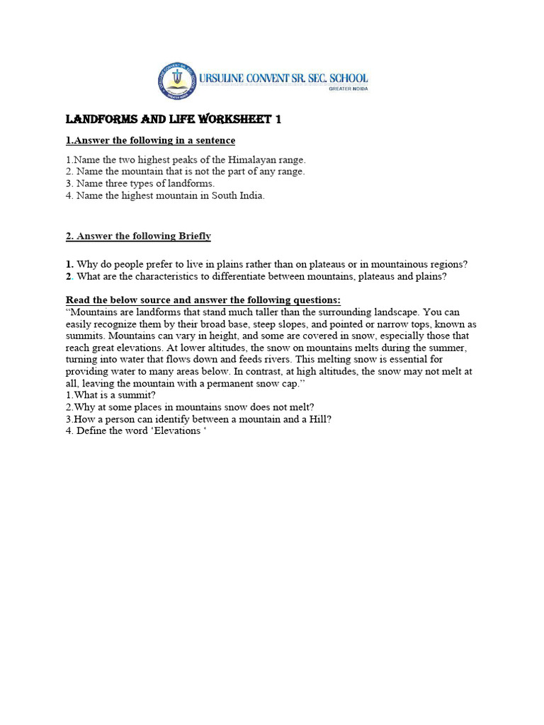 Landforms and Life Worksheet 1 | PDF