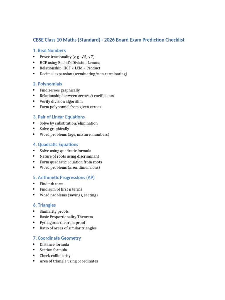 CBSE Class 10 Maths Standard 2026 Prediction Checklist | PDF