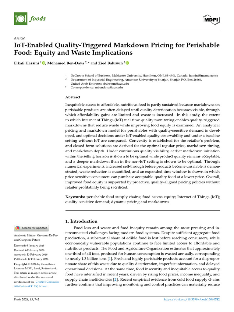 IoT-Enabled Quality-Triggered Markdown Pricing for Perishable Food ...