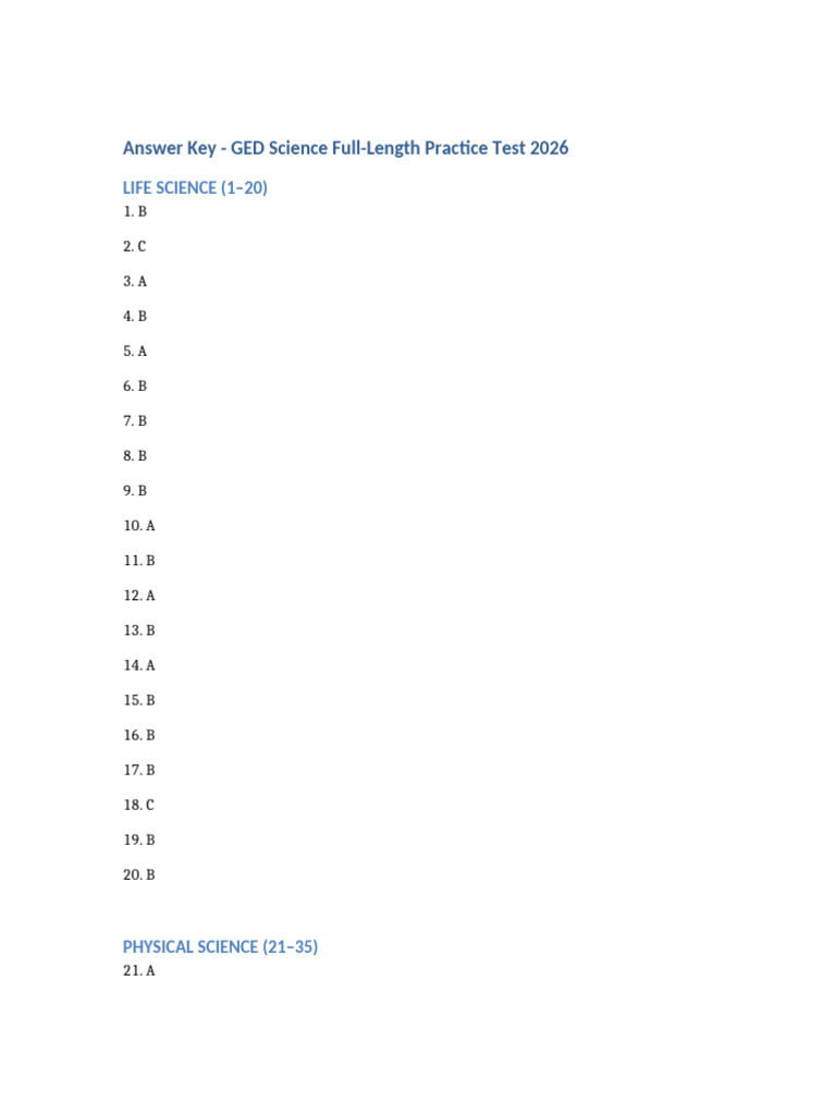 GED Science Full Length Answer Key 2026 | PDF