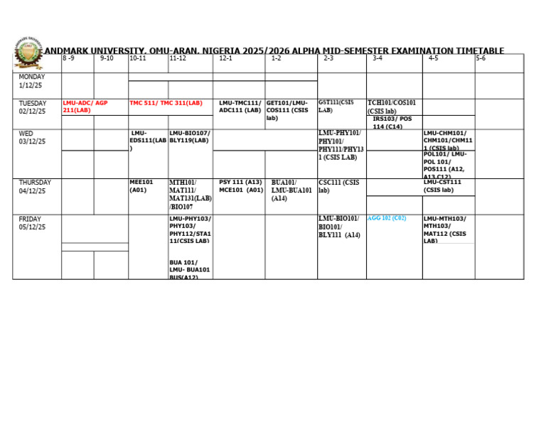 100 Level Alpha Midsemester Exam Timetable | PDF