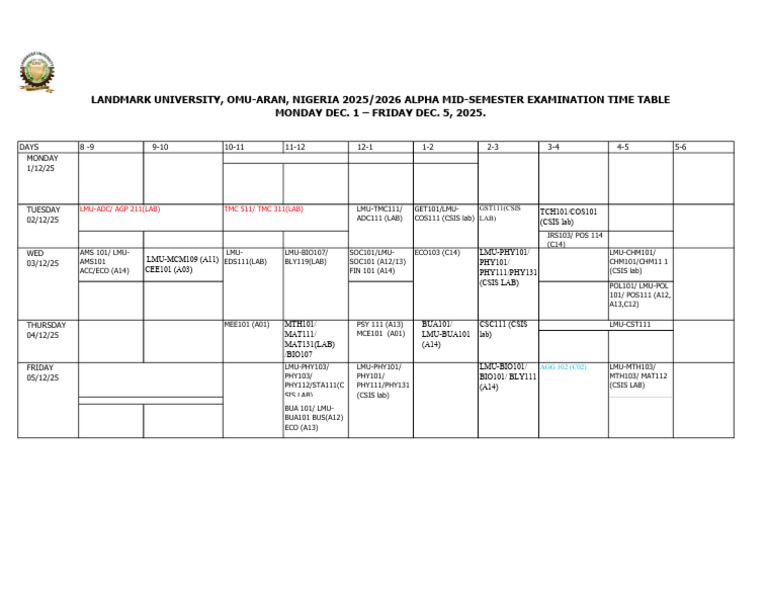 Updated 100 Level Alpha Midsemester Exam Timetable | PDF