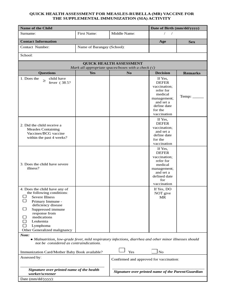 Quick Health Assessment Form MR SIA | PDF | Vaccination | Diseases And ...
