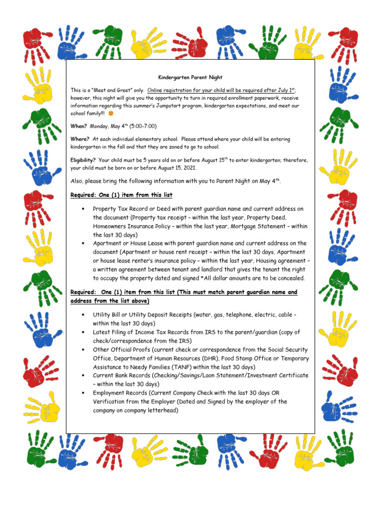 Kindergarten Parent Night 2026 en | PDF | Lease | Renting