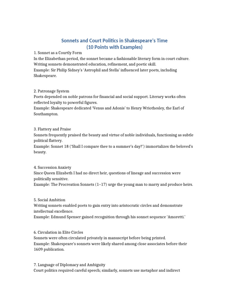 Sonnets and Court Politics 10 Points With Examples | PDF