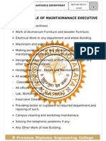 Work Profile of Maintainanace Executive: Maintaince Department