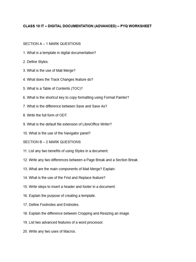 Class 10 It - Digital Documentation (Advanced) - Pyq Worksheet | PDF