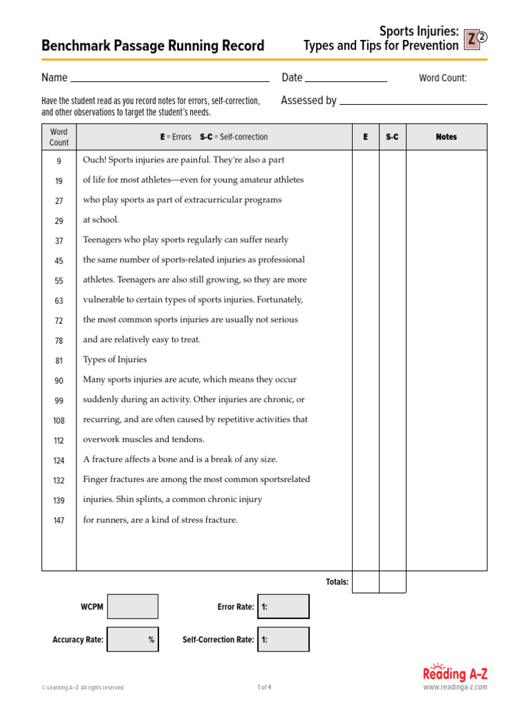 Sports Injuries Benchmark Assessment Passage Running Record | PDF ...