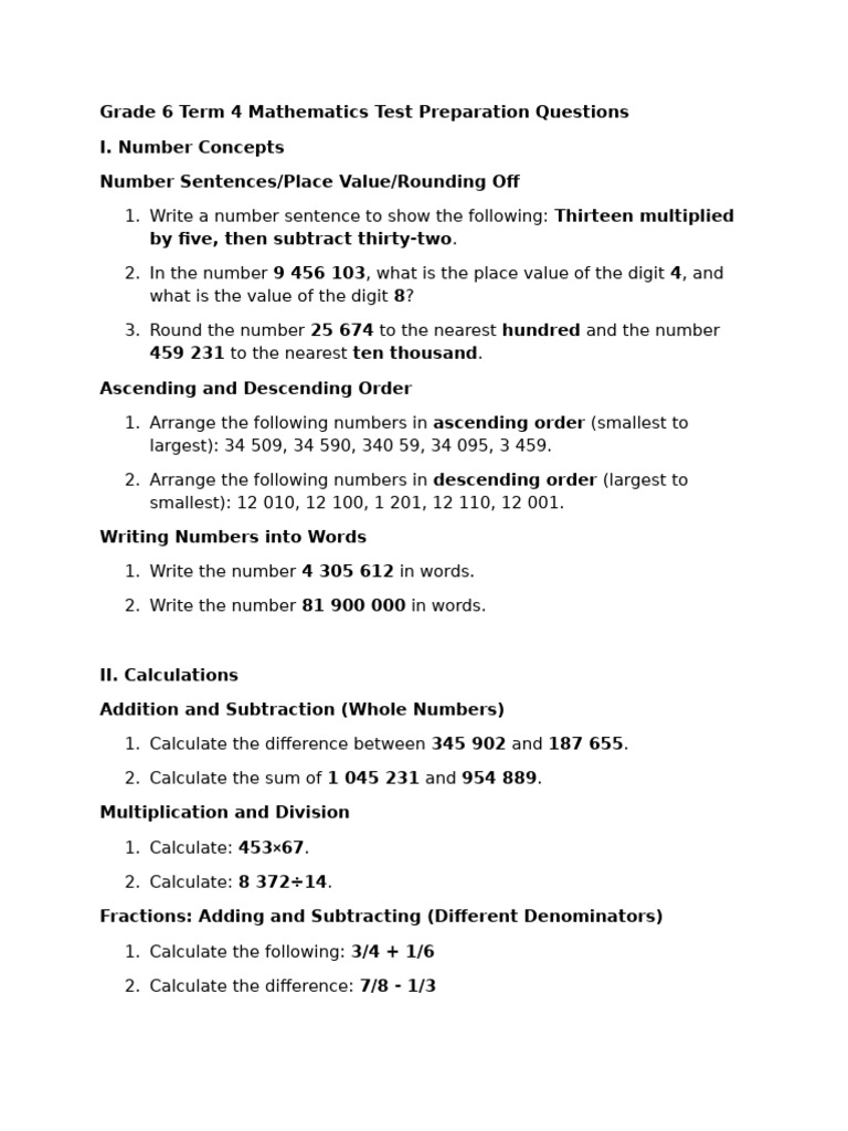 Grade 6 Term 4 Mathematics Test Preparation Questions | PDF | Numbers ...