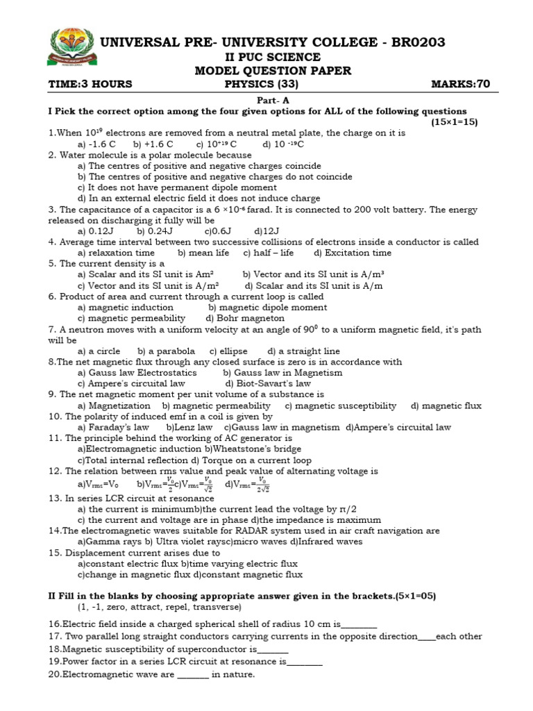 Physics Model Question Paper | PDF | Electric Current | Inductor