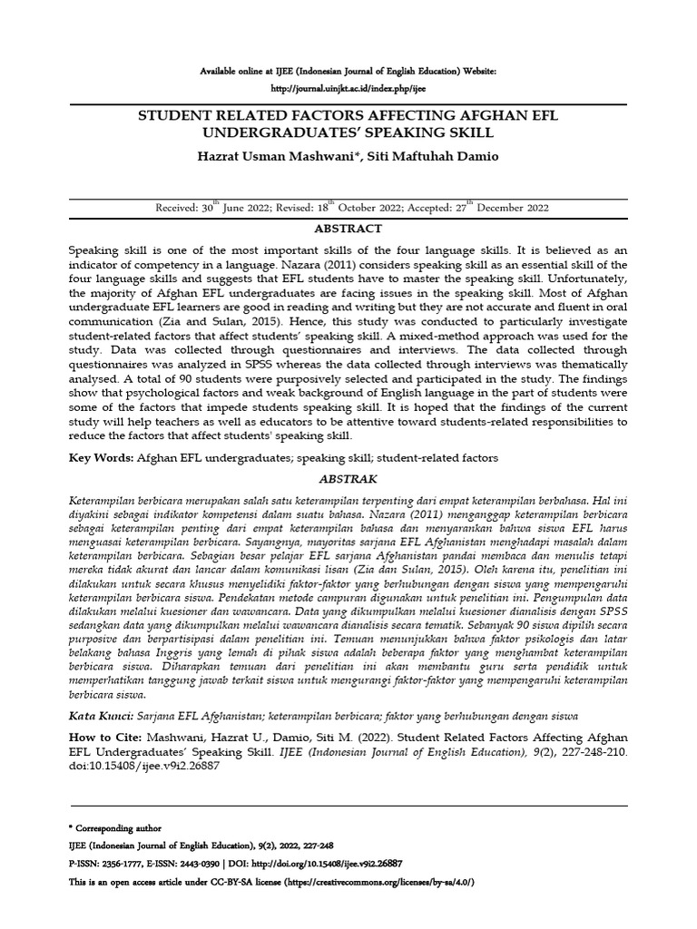 Student Related Factors Affecting Afghan Efl Undergraduates' Speaking ...