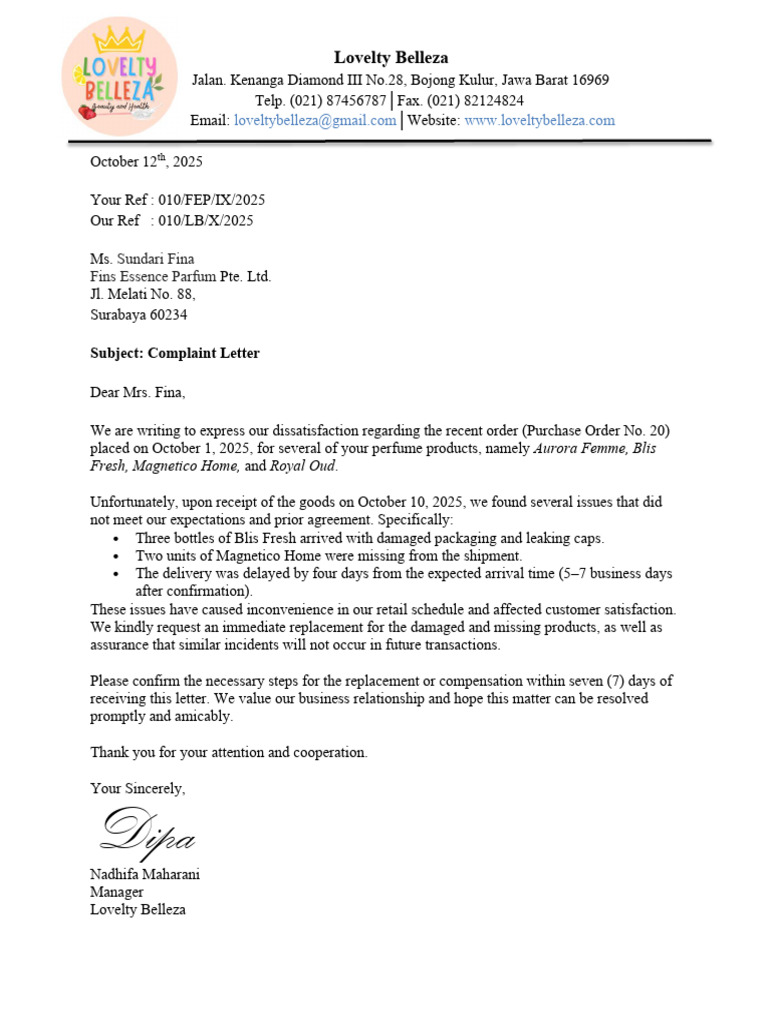 Lovelty Belleza Complain Letter | PDF