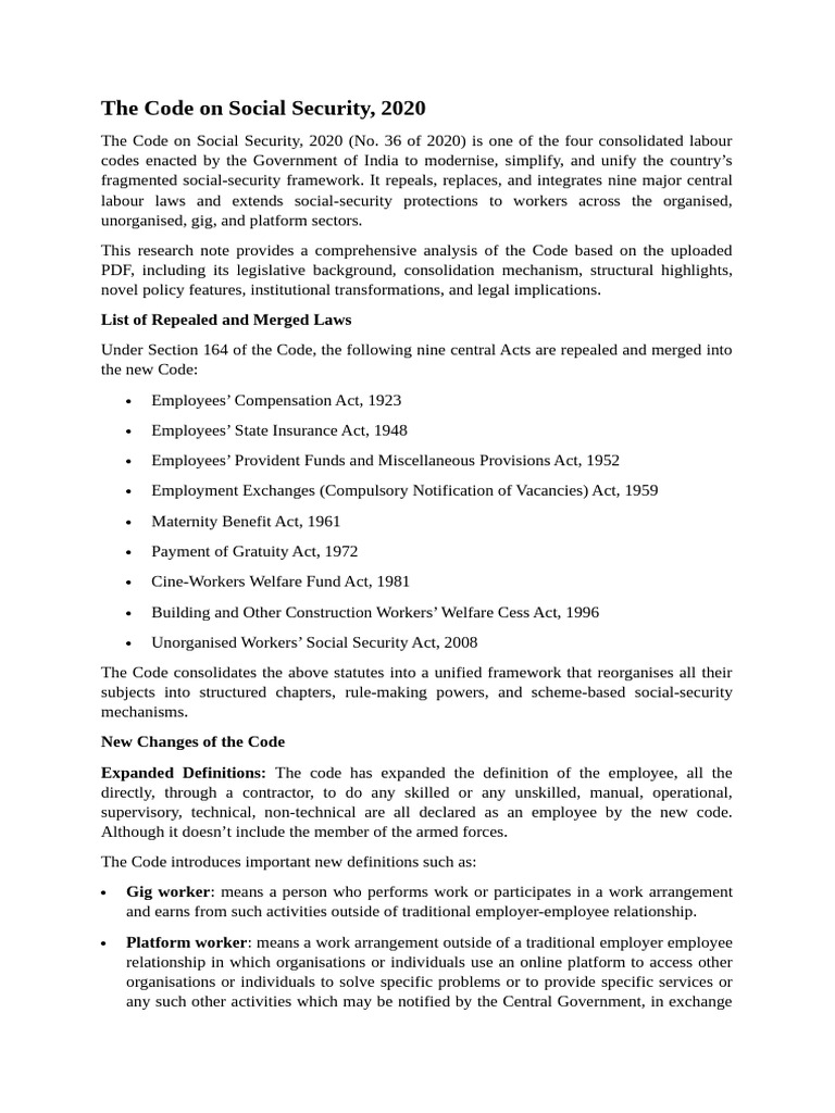 The Code On Social Security | PDF | Employment | Industrial Relations