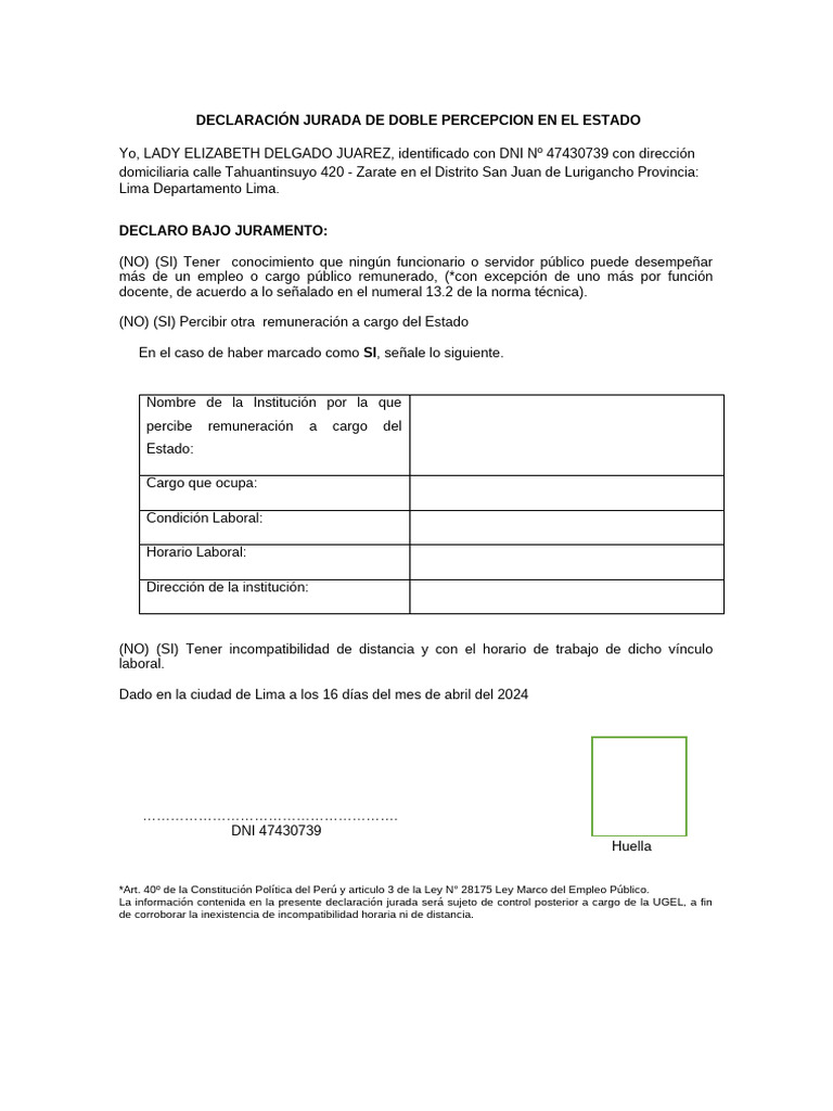 Declaracion Jurada de Doble Prestacion | PDF