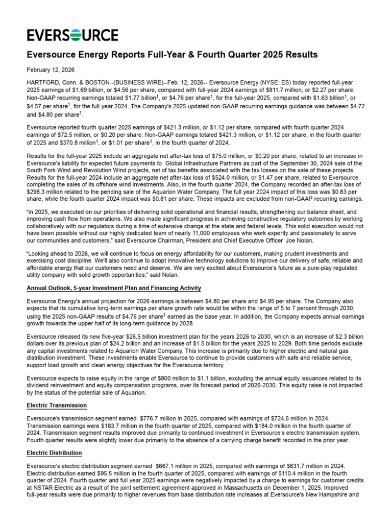 Eversource Energy Reports Full-Year & Fourth Quarter 2025 Results | PDF ...
