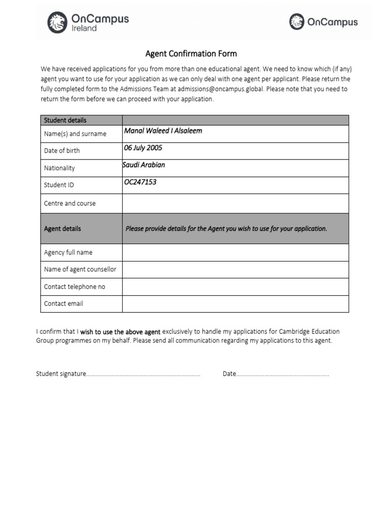 Agent Confirmation Form: Manal Waleed I Alsaleem 06 July 2005 Saudi ...