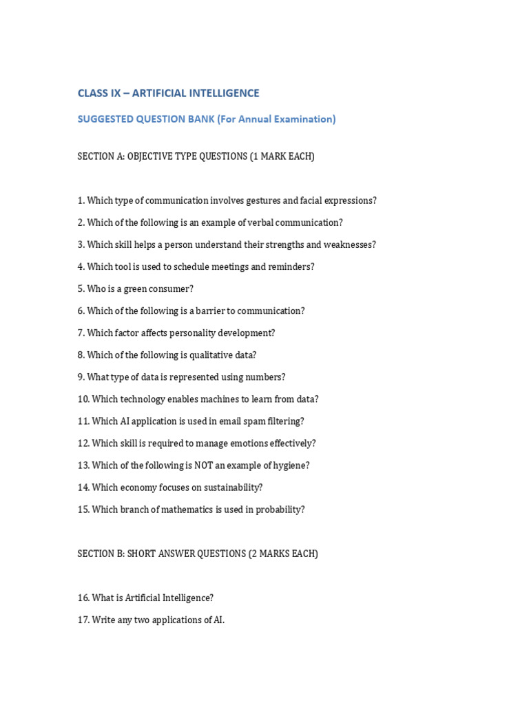 Class 9 AI Suggested Question Bank | PDF | Artificial Intelligence ...