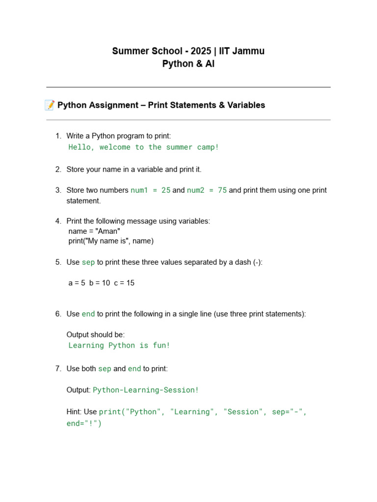 Assignment - 1 Print & Variables | PDF