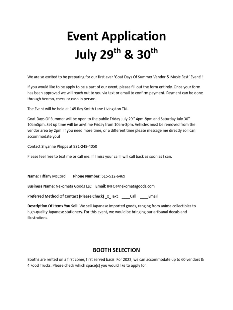 Goat Days of Summer Vendor Application | PDF