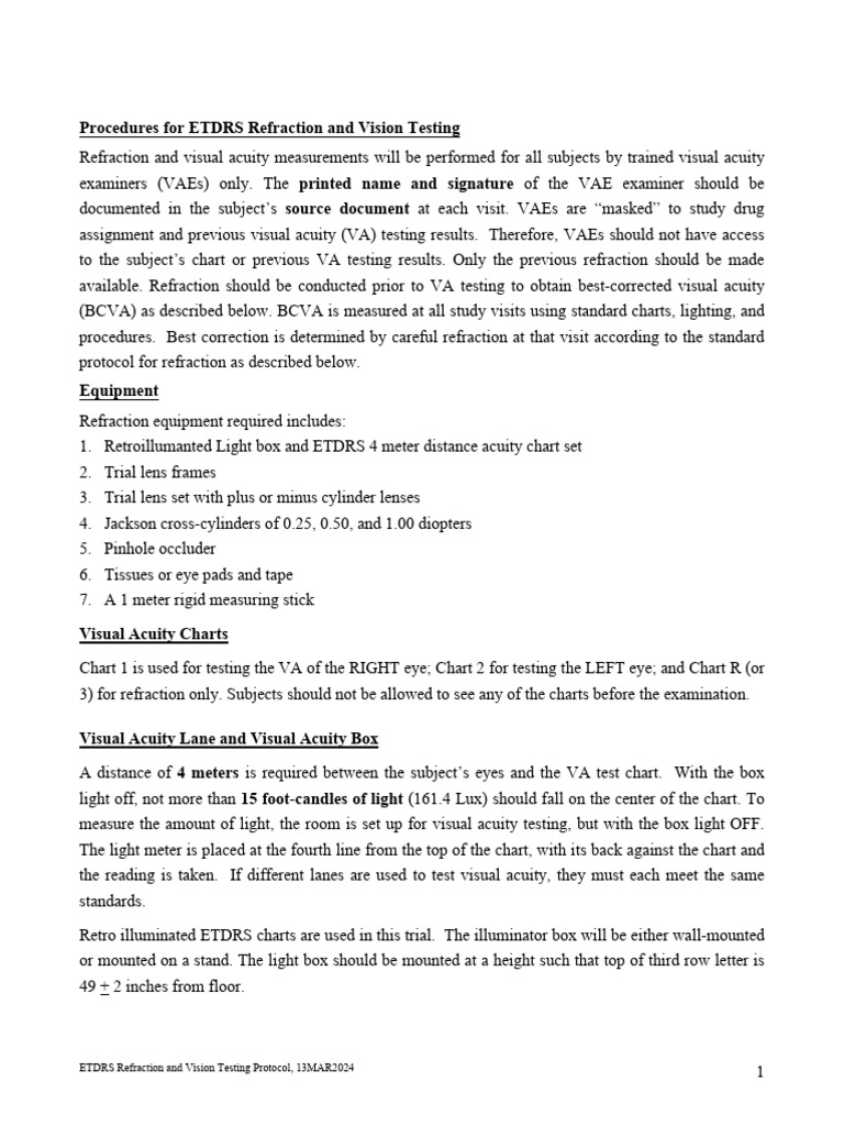 ETDRS Refraction VA Testing Protocol 13MAR2024 | PDF | Eye | Visual Acuity