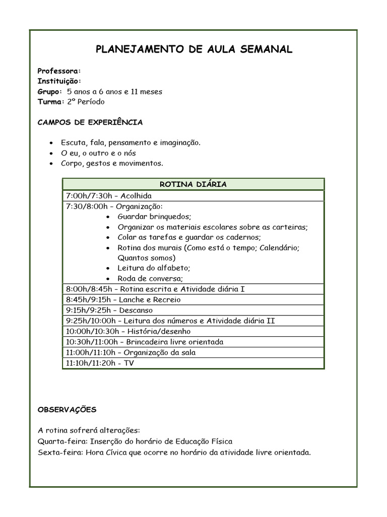 Planejamento de Aula Semanal | PDF | Aprendizado | Brincar