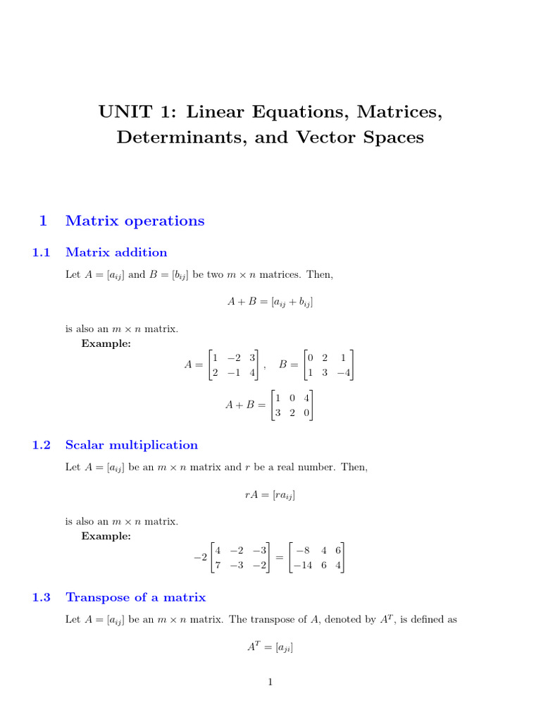 Unit-1 Notes 1 | PDF | Matrix (Mathematics) | Linear Algebra