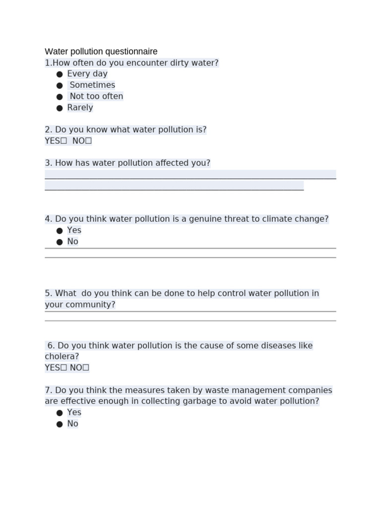 Water Pollution Questionnaire | PDF