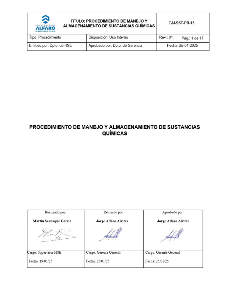 Procedimiento de Manejo y Almacenamiento de Sustancia Químicas. | PDF ...