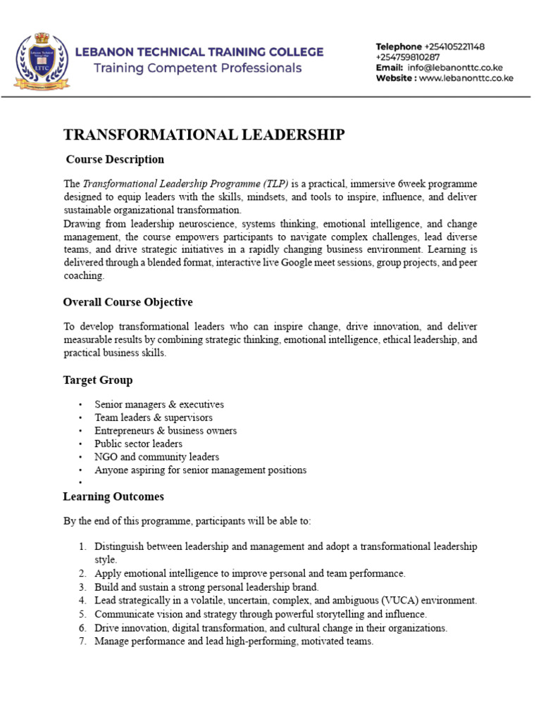 Transformational Leadership Course Outline | PDF | Leadership | Innovation