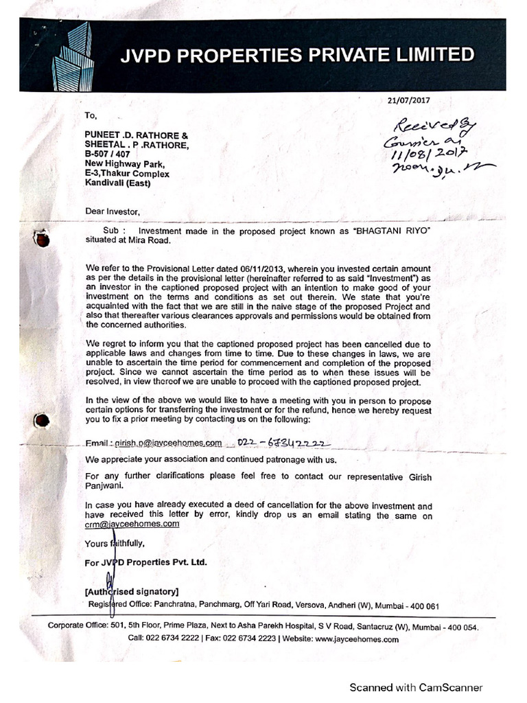 Bhagtani Riyo Project Cancellation - Letter - From - JVPD DKR CDR & PDR ...