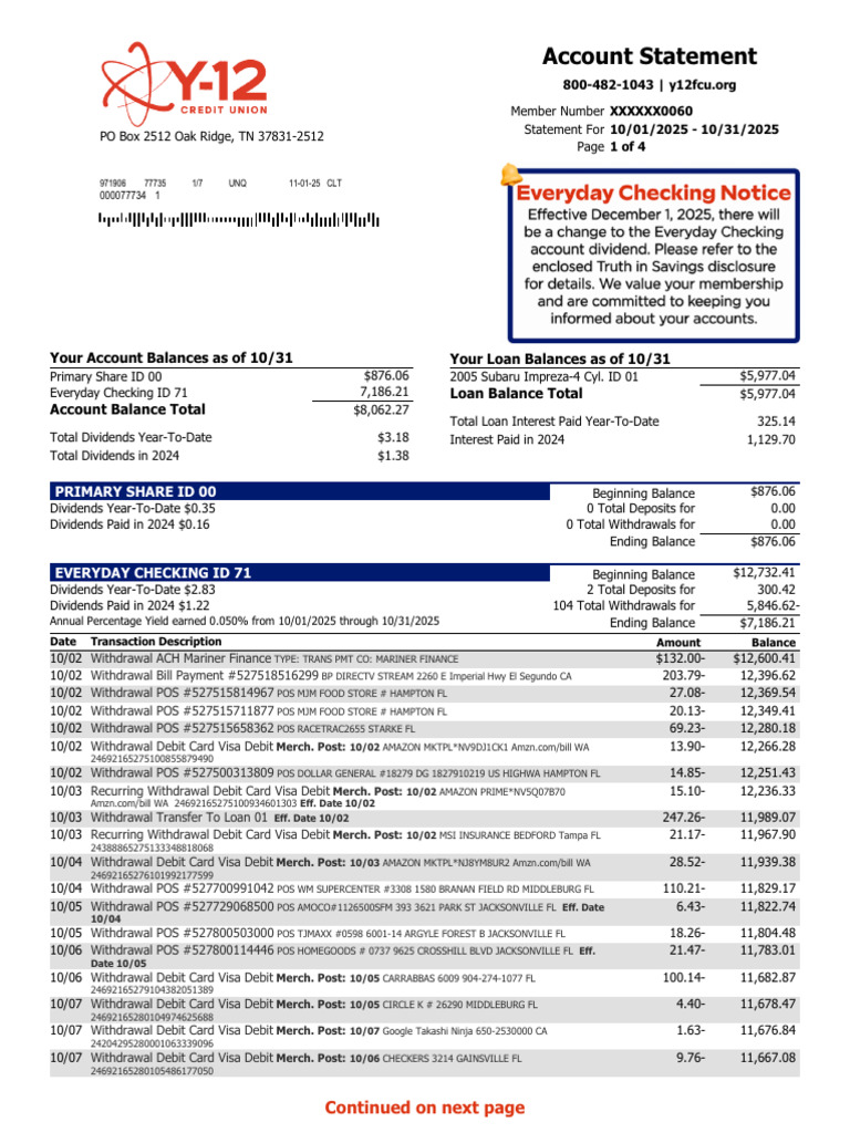Y12 OCT 2025 Statement | PDF | Transaction Account | Credit Card