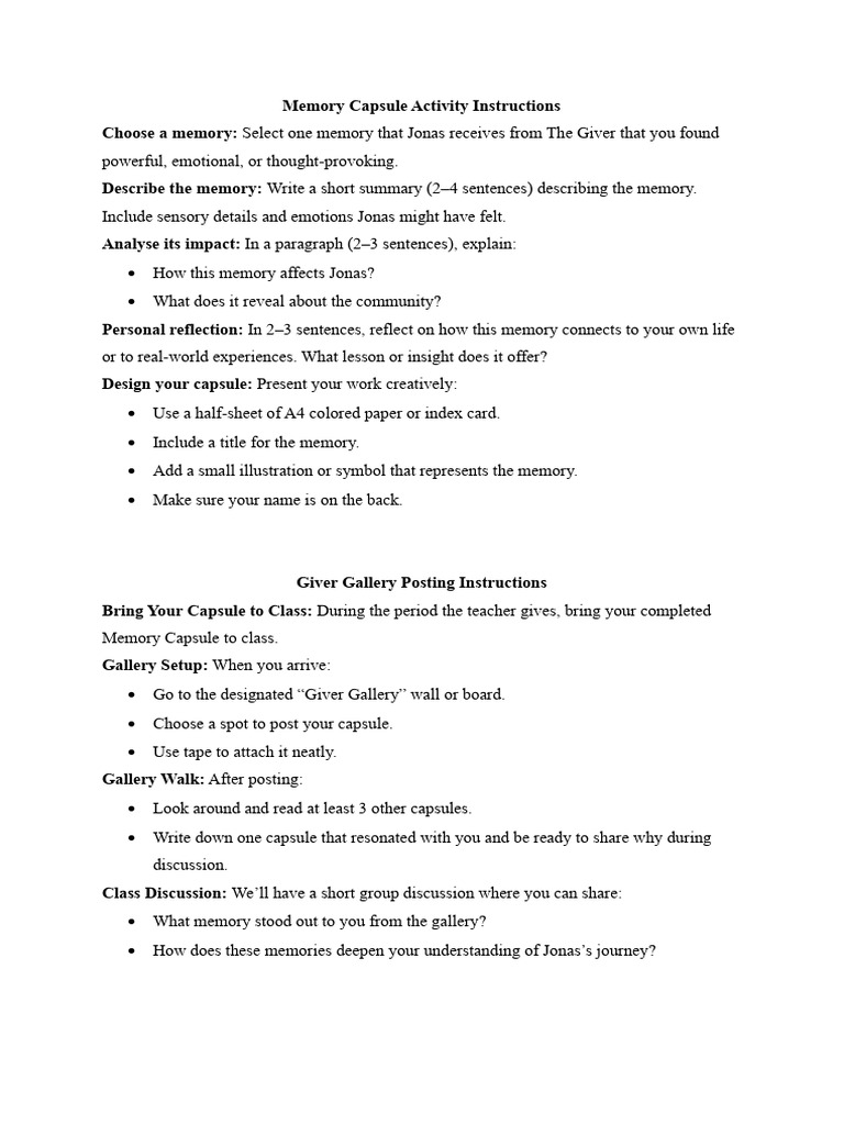 Memory Capsule Activity Instructions | PDF