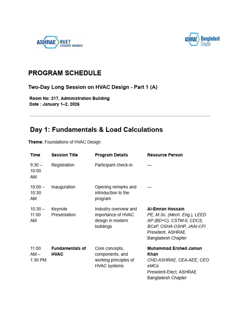 HVAC Design Training Session Schedule (ASHRAE RUET Student Branch ...