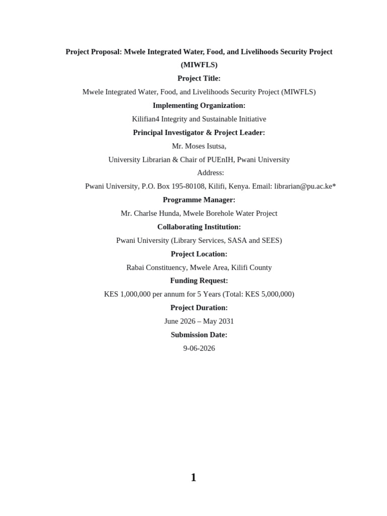 Project Proposal Mwele Integrated Water, Food, and Livelihoods Security ...