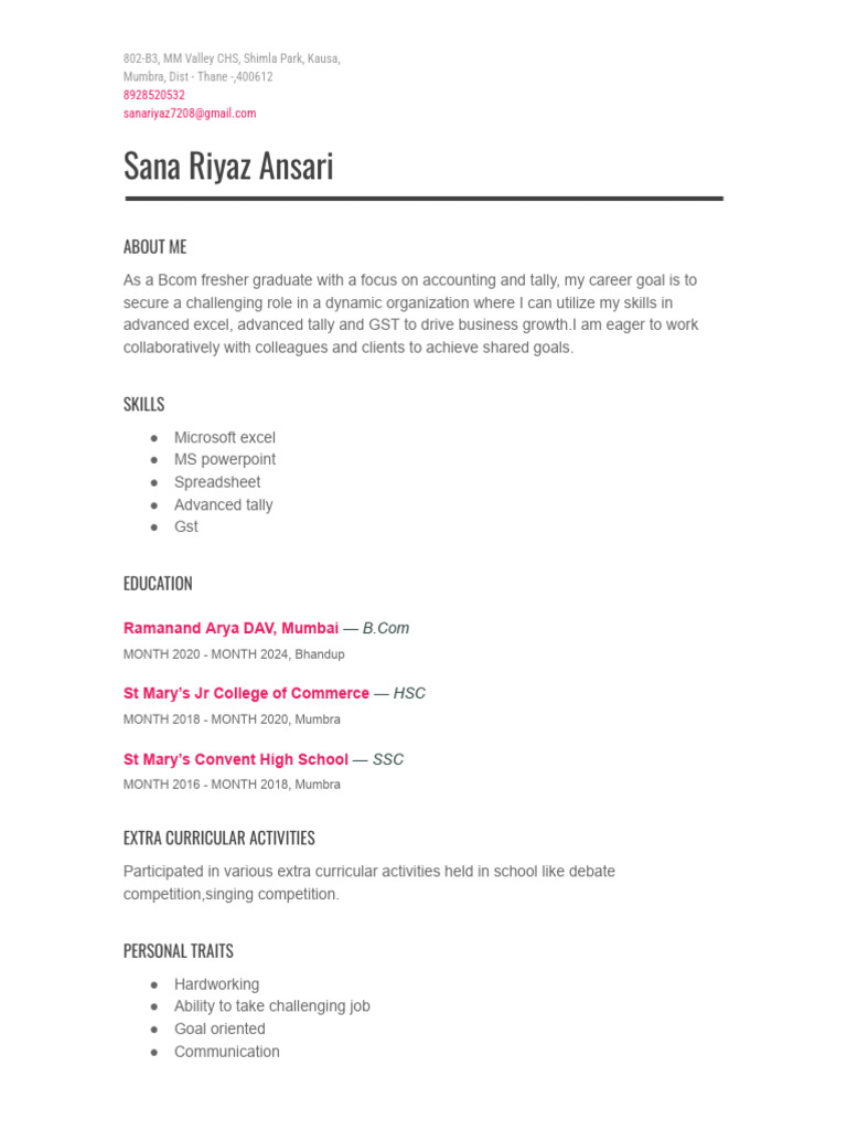 Sana Riyaz Ansari: About Me | PDF