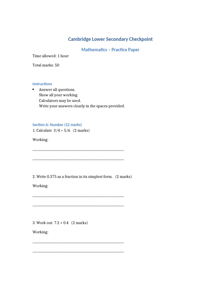 Cambridge Checkpoint Maths Practice Paper | PDF | Area | Mathematics