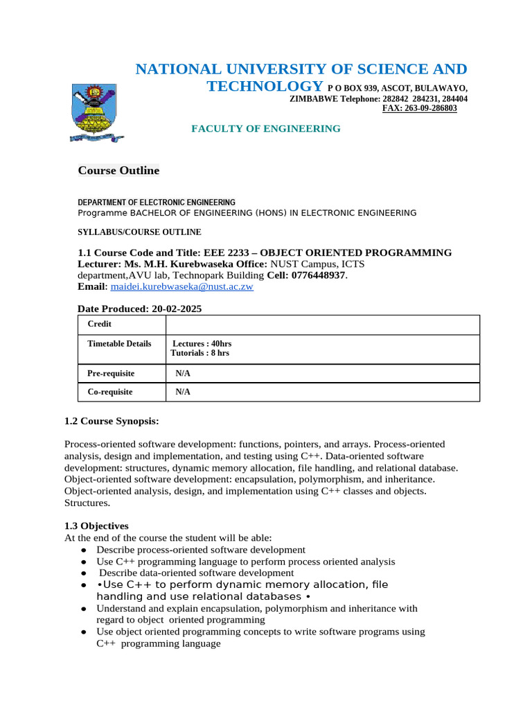 EEE2233 - Object Oriented Programming - Course Outline - 2025 Version ...