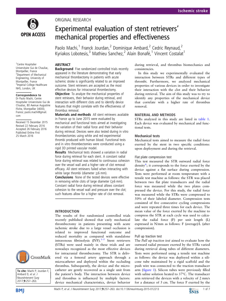 Experimental Evaluation of Stent Retrievers' Mechanical Properties and ...