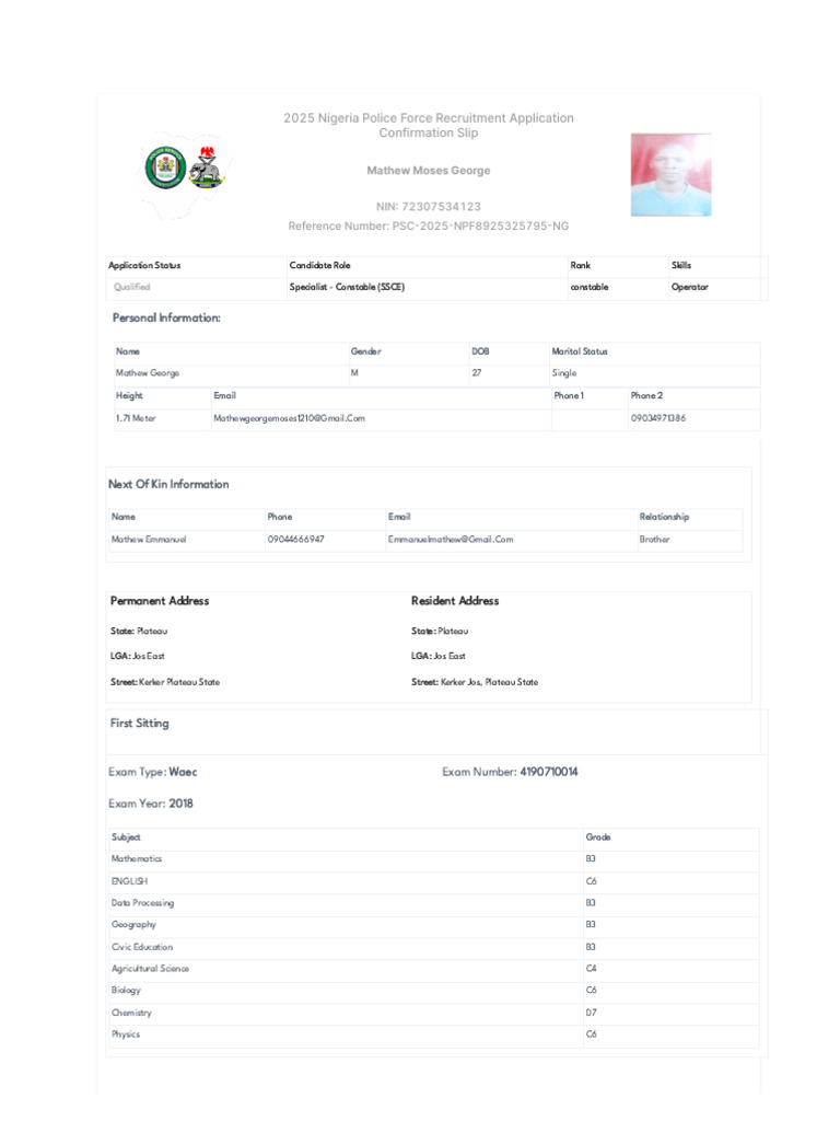 George Mathew Police Form | PDF | Qualifications | Educational Stages