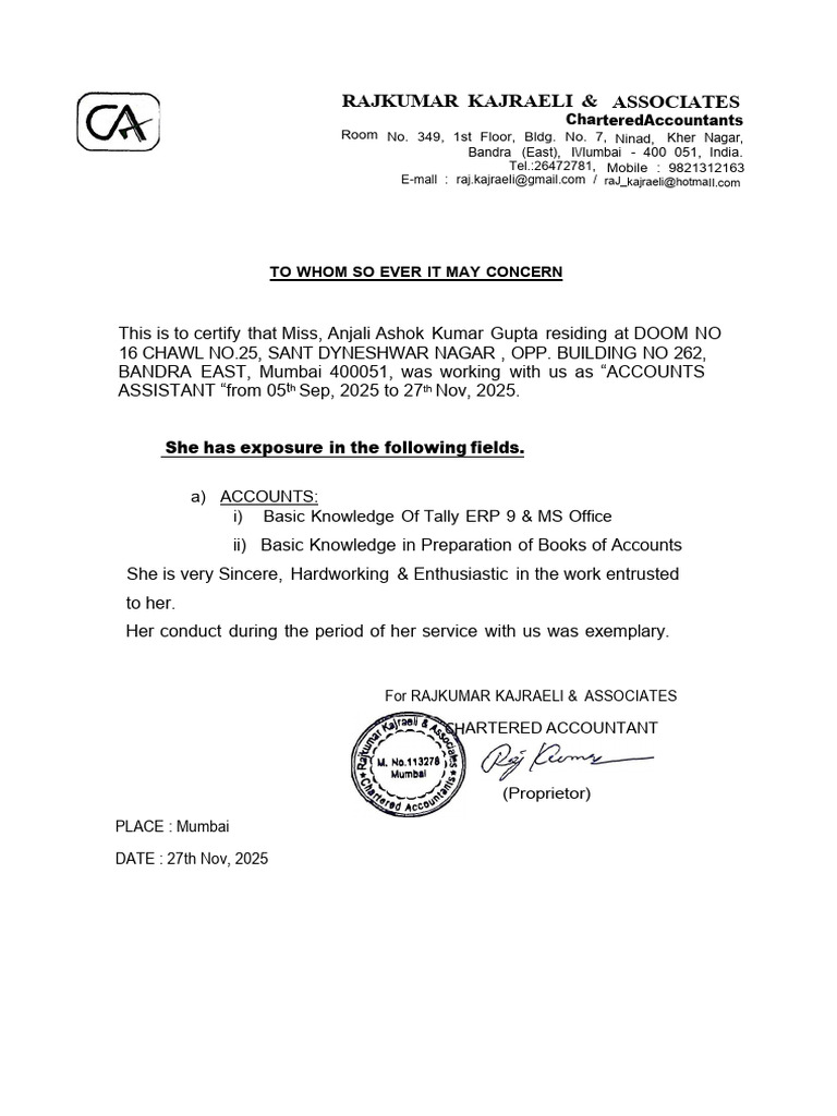 CA Experience Letter | PDF