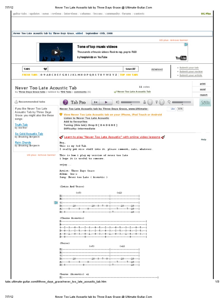 Never Too Late Acoustic Tab by Three Days Grace at Ultimate-Guitar