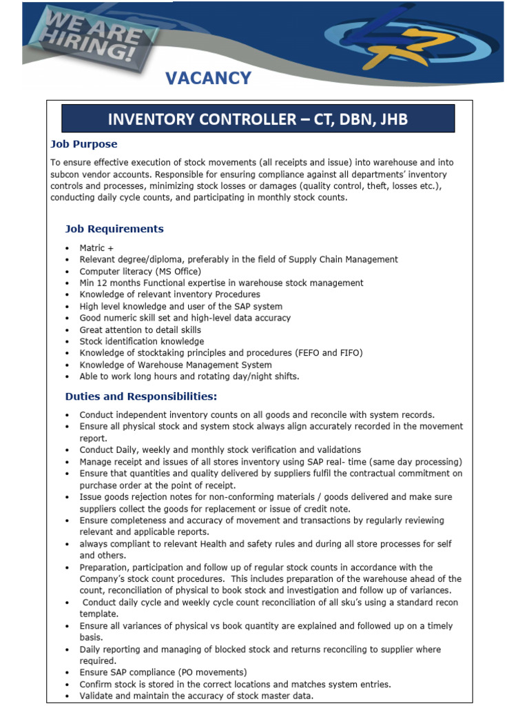 VACANCY Inventory Controller 1769856156 | PDF | Inventory | Warehouse