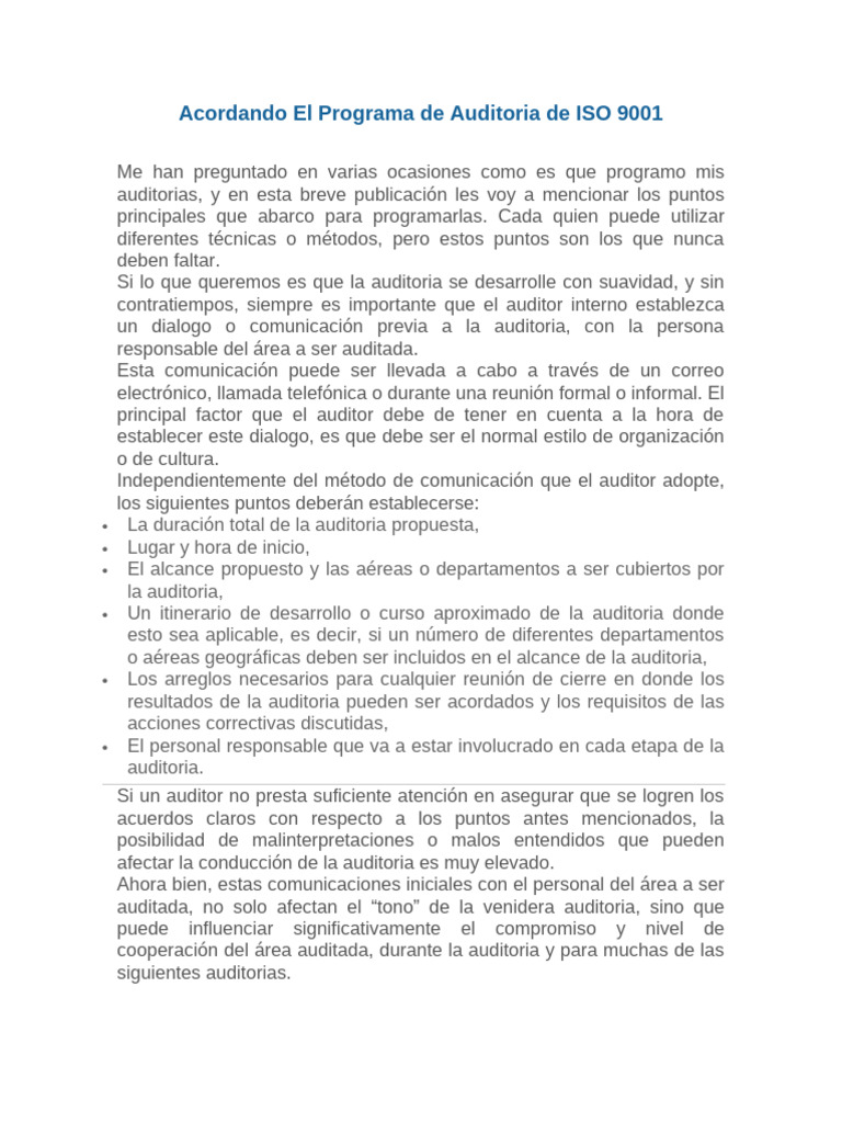 Acordando El Programa de Auditoria de ISO 9001 | PDF