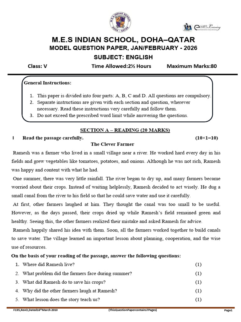Class 5 Annual Exam Model Question New | PDF | Water | Sun
