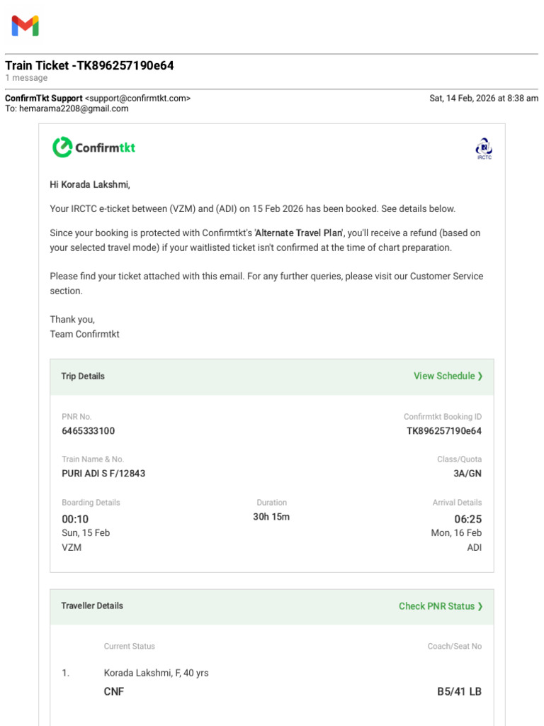 Gmail - Train Ticket - TK896257190e64 | PDF | Fee