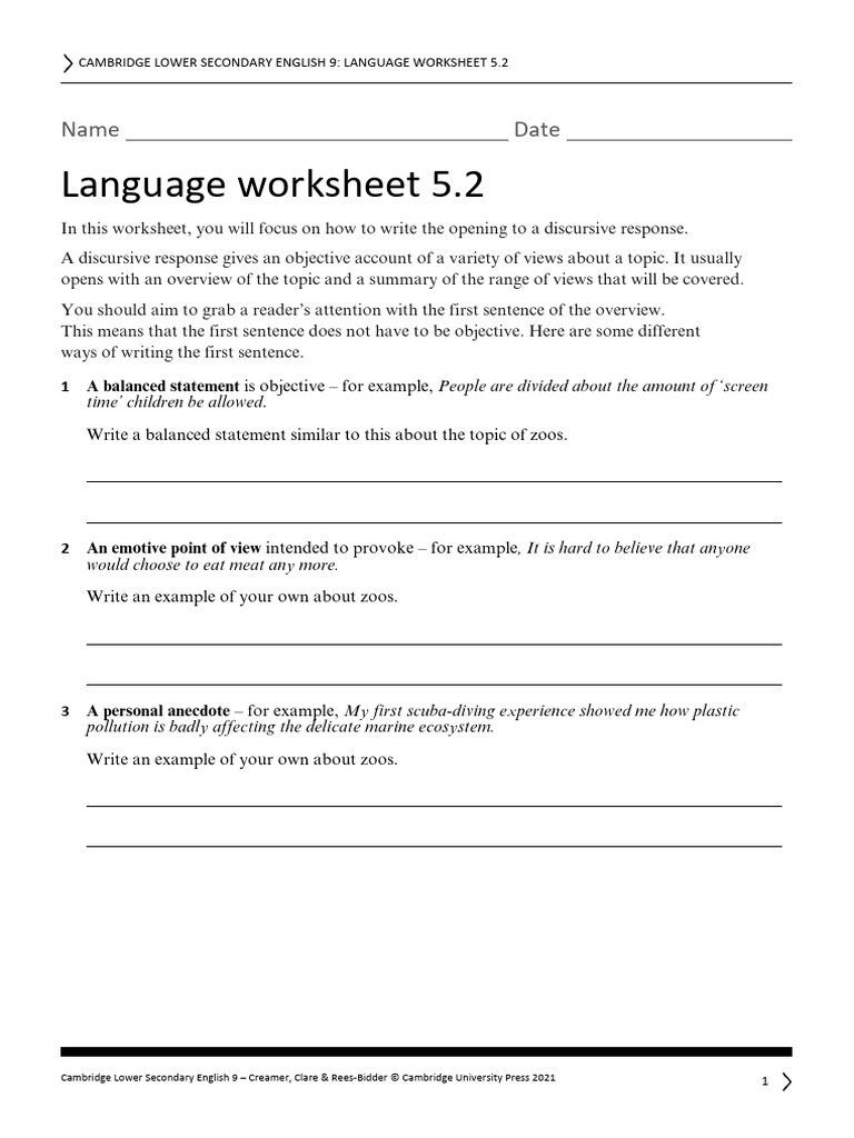 Write The Opening To A Discursive Response Worksheet | PDF